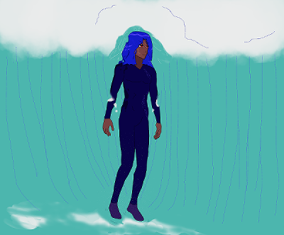 Antonio Chandrani has hair like blue waves falling around him, has brown skin, wears a dark blue diver-like suit and has a rising aquamarine sea behind him. He's shown moving the waves around him. It's implied he's floating with mist and there's foam near his legs.